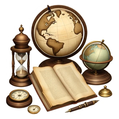 An icon featuring ancient scrolls, a quill pen, and large, old-fashioned sand clocks, symbolizing the study of history. The design includes a globe and a timeline with significant historical events, set against ruins to evoke past civilizations. Transparent background highlights the passage of time. sticker