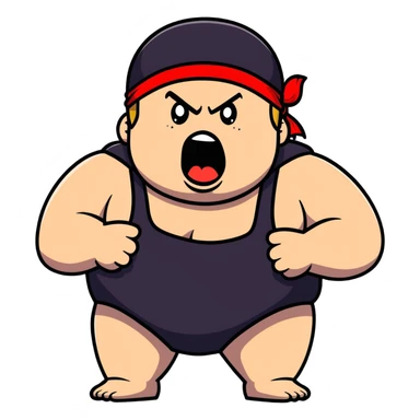 Extreme close-up of face of morbidly obese white skin guy with young face, prominent BLACK DURAG tied clearly on head, black beard but no mustache, clean shaven upper lip, black eyes in a red and black wrestling singlet with mouth wide open screaming angrily sticker
