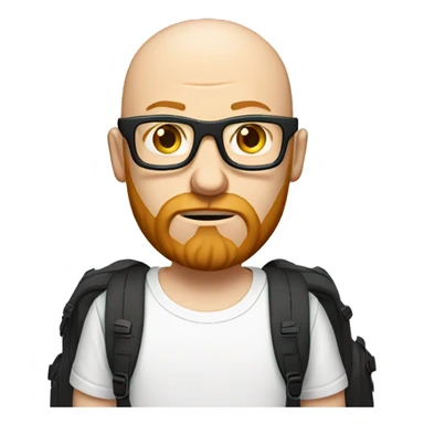 bald man with ginger beard and black thin glasses, sad face, white t-shirt, backpack with camera on his shoulder sticker