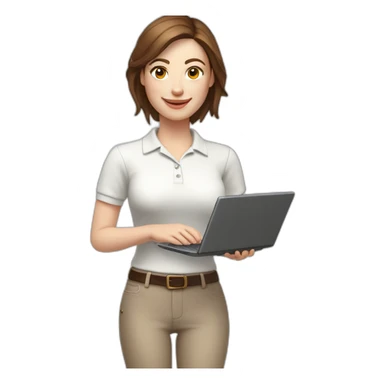 Smiling pale skin woman wearing a white woolly polo shirt with middle brown straight hair holding a laptop and a coffee mug on her right hand not full body shot sticker