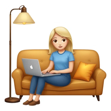 A girl is working with a laptop while lying on a sofa, with a floor lamp to the right. sticker