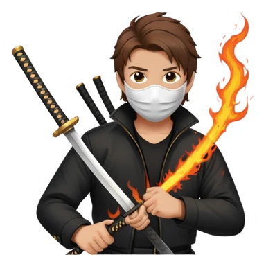 El personaje tiene que ser hombre cabello castaño un tapaboca una chaqueta negra el fondo blanco y una katana llena de fuego sticker