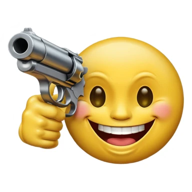 Yellow laughing face pointing gun at its own mount. The barrel of the gun is pointed towards the smile into the mouth. The back of the gun faces the viewer sticker