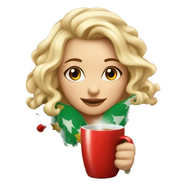 gorgeous girl with blond hair in cute Christmas blanket with mug of hot drink sticker