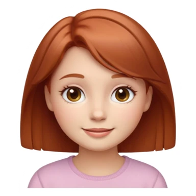“Cute girly emoji portrait, warm friendly smile, short auburn hair with soft shine, rounded facial features, pastel color palette, subtle blush on cheeks, simplified facial details, soft gradient shading, cozy and feminine emoji style, clean light background. sticker