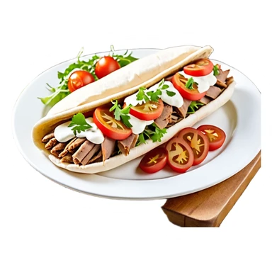 Döner im frisch aufgebackenen Fladenbrot, außen leicht knusprig, innen weich. Gefüllt mit saftigem Dönerfleisch, knackigem Salat, Tomaten, Zwiebeln und Kräutersauce. Warme Food‑Fotografie, hohe Details, natürliche Farben, appetitliche Präsentation, Fokus auf Texturen und Frische.“ sticker