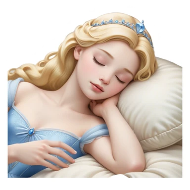 Cinematic Realistic Sleeping Cinderella Portrait, portrayed with exceptional realism: her luminous porcelain skin and exquisitely detailed golden-blonde hair lie softly under the gentle caress of natural light. Her eyes are peacefully closed in a serene, dreamlike slumber, and every fold and shimmer of her iconic ball gown is rendered with painstaking detail. The overall composition radiates a quiet, enchanting glow that encapsulates the timeless, restful beauty of a princess lost in a gentle, magical dream. sticker