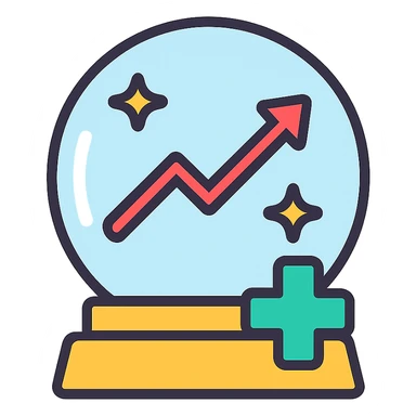 Add an upward slope or rising line graph inside the crystal ball to symbolize improvement and positive healthcare outcomes. Keep the icon style clean and modern, maintaining healthcare symbols and color accents. sticker