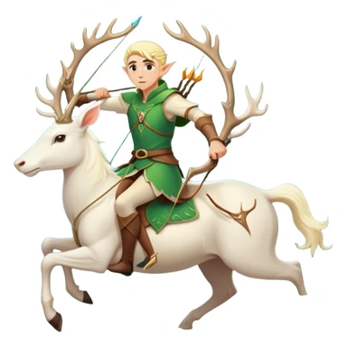 clash-of-clans-aesthetic-blond-male elf-archer-portrait-emoji, rendered in a flat, vector-style with minimal shading and bold, simplified shapes, head tilted slightly forward with a determined, focused expression, riding a majestic white stag whose antlers glow with mystical energy, set against an ancient, enchanted forest backdrop. sticker