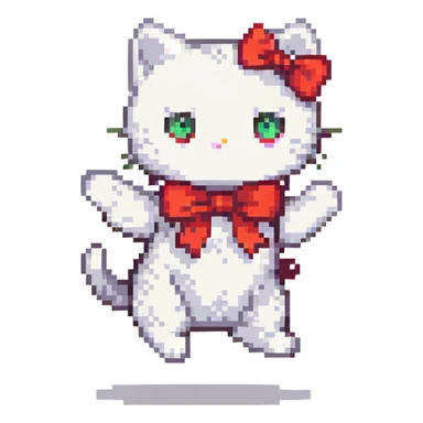 Hello Kitty white cat with red bow jumping playful pose pixel art style sticker