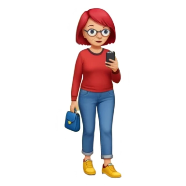 An old lady with red hair, wearing a red shirt, blue jeans, yellow shoes walking in a park holding a cell phone with a text bubble that says Have you checked in to the meetup? sticker
