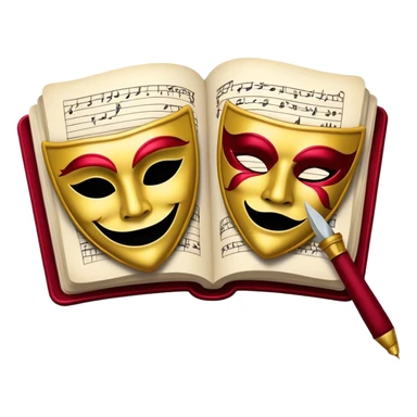 Create a bold and dramatic emoji representing the art of playwriting. The design should feature an open script or a theater playbook, with stylized text lines or dramatic dialogue inside. Include elements like a theatrical comedy and tragedy masks, a stage spotlight, or a writting quill to symbolize creativity and performance. Use deep, contrasting colors like red, black, and gold to evoke the intensity and passion of drama. The overall design should feel dramatic, inspiring, and artistic. Make the background transparent. sticker
