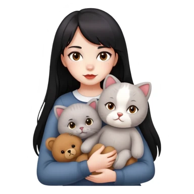 girl,drak eyes, red cheeks, black long hair with a bang, white face, holding a British gray cat and a brown teddy bear sticker