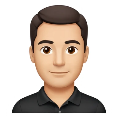 Middle-aged man with strong square face, pronounced jawline, full cheeks, neutral expression, dark brown eyes, thick eyebrows, wide proportional nose, friendly smile with medium lips, short dark hair neatly styled to the side, wearing a black polo shirt sticker