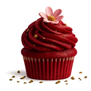 Change the icing to red velvet with a deep red, creamy texture, keep the realistic cupcake and accessories, photorealistic style, transparent background. sticker