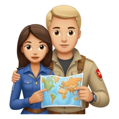Russian man and elegant Latina girl in adventure outfits with a map planning a trip sticker