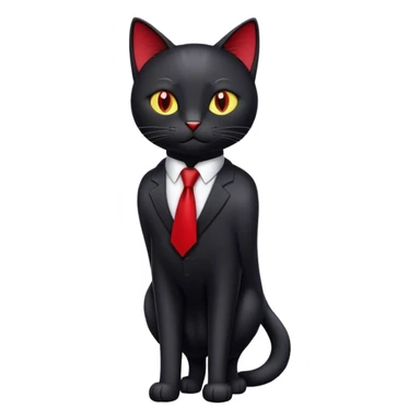 Create a digital emoji-style illustration of a black cat wearing a formal outfit. The cat should have a sleek, smooth black coat and a confident expression. It is dressed in a neatly tied red tie and polished dress shoes, adding a professional and stylish touch.  sticker