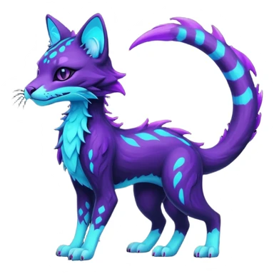 Kawaii dark edgy badass black and purple glowing neon bioluminescent fantasy feline-vernid-sergal-fursona animal creature with a tufted tail full body with intricate markings  sticker