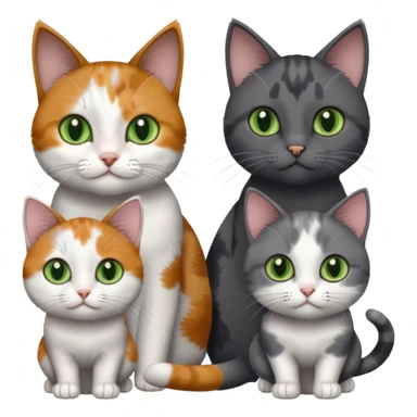 3 different coloured small cats including a dark grey and white, and a patchy calico with hazel eyes and a completely solid dark grey with green eyes and only white paws sticker