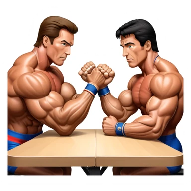 Arnold Schwarzenegger and Sylvester Stallone from 'Over the Top,' locked in an arm wrestling battle, using only their right hands. Their left hands rest on the table. Both display immense strength, with muscular arms flexing, under bright competition lights. Transparent background. sticker