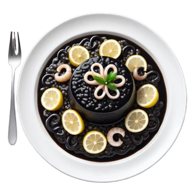 cinematic-realistic-black-risotto-dish-emoji,-showcasing-small squid pieces in black sauce -rendered-with-bold-textures-and-dynamic,-dramatic-lighting in a white plate with a grilled lemon on top sticker