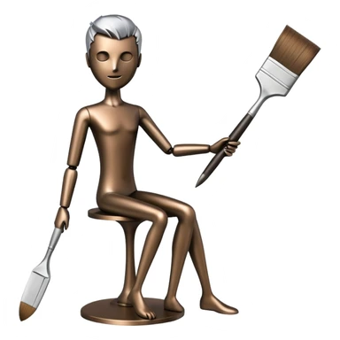 A paintbrush that transforms into a human metal silhouette sculpture, symbol of artistic identity, with a bronze or silver metallic finish sticker