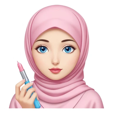 Turkish beautiful finish Konya girl blue eyes with light sakura and pink hijab islamic dress and had on her hand kiko lipgloss and she wearing the lipgloss sticker