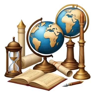 An icon featuring ancient scrolls, a quill pen, and large, old-fashioned sand clocks, symbolizing the study of history. The design includes a globe and a timeline with significant historical events, set against ruins to evoke past civilizations. Transparent background highlights the passage of time. sticker