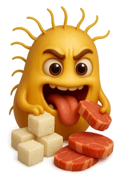 emoji stile iphone realistica di un batterio della candida con espressione affamata che si nutre di zollette di zuccheri e fettine di carne, IPERREALISTICO 4K sticker