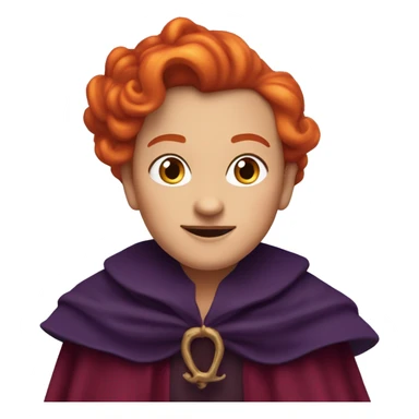 “Apple emoji of Winifred Sanderson: round face, crooked smile with a single front tooth, fiery heart-shaped red-orange hair, thick arched eyebrows, and a hint of a dark purple cloak.” sticker