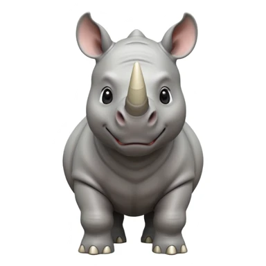 A big 3D cartoon rhino standing on dry ground, thick gray skin, small horn on nose, kind expression, bright daylight and soft shadows, Memoji-style. sticker