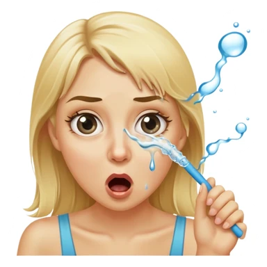 blond woman with wide eyes, holding a wide skin-colored stick with a nibble on the edge, water squirting from the stick into her mouth, shocked face sticker