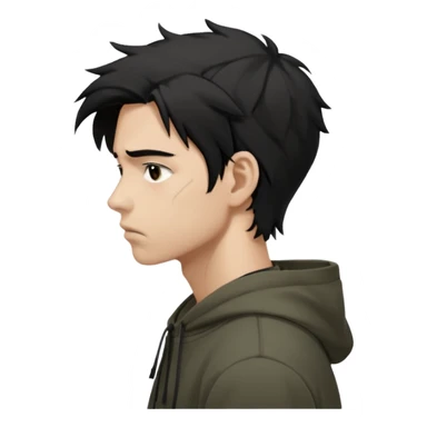 A dark anime-style illustration of a young man in side profile, facing left, with messy black hair tied loosely, sharp jawline and tired eyes. He wears an oversized dark hoodie with muted earthy tones. His expression is calm but emotionally heavy, showing silent pain and inner conflict.

 sticker