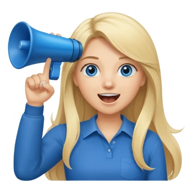  blue eyes blonde girl yelling into megaphone smiling long hair holding up finger sticker