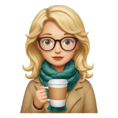 a girl drink with blonde wavy hair, wearing glasses, having scarf, drink coffee sticker