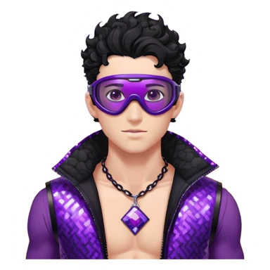 male athlete with white skin and moderately curly black hair on top with shaved sides, wearing ski goggles with purple frames and very dark black lenses, a simple plain black chain necklace, and a completely unzipped shiny vest with purple and black sequin fire pattern design, fully revealing his chest and abs, no earrings sticker