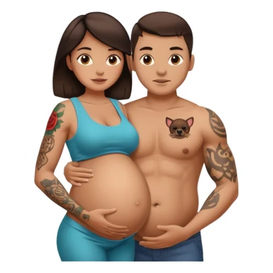 Cool brunette female holding pregnant buff mans with tattoos belly  sticker