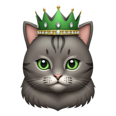 Gatito gris oscura con rayas negras ojos verdes vestida de reina con coronas y diamantes, más peluda y gordura  sticker