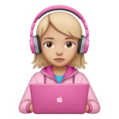a girl with a pink laptop with headphones, color outline icon style, looking sad sticker