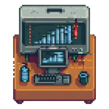 digital marketing, pixel art style, with computer, bar chart, and notification bell sticker