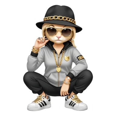 female cat wearing Run DMC hip-hop outfit with tracksuit, fedora, Adidas sneakers, dark sunglasses, many gold chains, rings, bracelets, flashy earrings, fallen down sticker