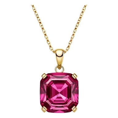 Isolated, 3d rendering, sparkling, vibrant and bold deep redish pink , hyperrealistic Lab Created Hydrothermal Rubellite, Asscher, 14k gold, luxury style necklace sticker