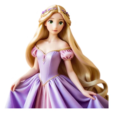 Cinematic Realistic Rapunzel Portrait, with porcelain-like skin featuring a subtle, natural glow, illuminated by soft lighting that brings out the gentle contours of her face. Her long, golden blonde hair cascades in detailed waves, each strand highlighted with a radiant shimmer as it catches the light. She playfully holds a flower in one hand, her other hand resting casually in her lap, with a warm and spirited expression. Her bright, expressive green eyes exude curiosity and warmth, framed by delicate lashes and soft, arched brows. She is dressed in her classic lavender and pink gown, the fabric textured with delicate folds that flow naturally, catching the light with a soft, radiant glow. The portrait captures a luminous, enchanting aura, seamlessly blending realism with a whimsical, fairytale charm, evoking a timeless sense of beauty and magic. sticker