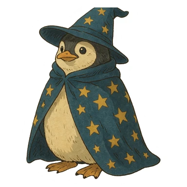 penguin wizard with a starry cloak and pointed hat sticker