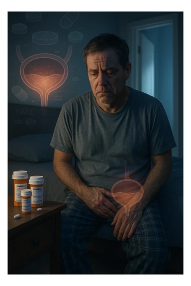 A middle-aged man sits on the edge of his bed in a dimly lit bedroom, looking exhausted and frustrated. On the nightstand beside him are several prescription pill bottles, loosely organized, some open — suggesting long-term medication use. In the background, the bathroom door glows softly, partially open, with a faint reflection of the toilet visible, indicating frequent nighttime trips. The man wears a loose T-shirt and pajama pants, his posture slightly curved as he gently touches his lower abdomen, symbolizing bladder discomfort. His eyes have dark circles, his expression is drained. The color palette is muted blues and greys, with a cinematic soft focus and ambient light highlighting emotional fatigue. A subtle overlay of pill labels and bladder imagery could be added for educational use. sticker