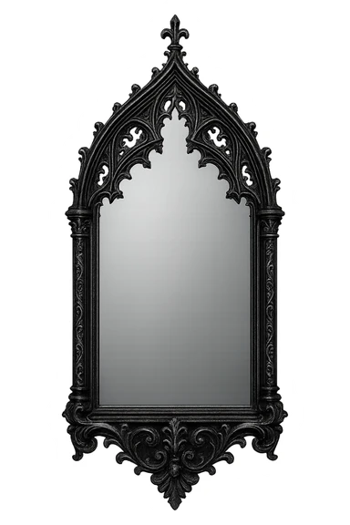 gothic mirror with ornate black and silver frame, no background sticker