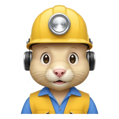 a mole rat, blue helmet, headlamp, yellow worker cloth sticker