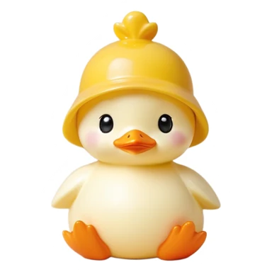 A cute, baby-like figurine with a round face, large shiny black eyes, and a soft, pastel skin tone. The figurine is standing with small, chubby limbs and a gentle smile. It wears a yellow duck-shaped hat that covers the top of its head, featuring a small orange beak and black dot eyes. The design is smooth, glossy, and minimalistic, with a soft, kawaii aesthetic. The background is plain white, and the lighting is soft and even. The overall style is similar to Sonny Angel collectible figurines, with a cute and charming appeal. sticker
