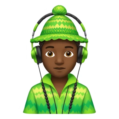 Create me an emoji of a cool Young Nigerian prince wearing a neon green gradient African patterns with  a hula hat (a Nigerian-inspired hat) and wearing cool headphones. sticker