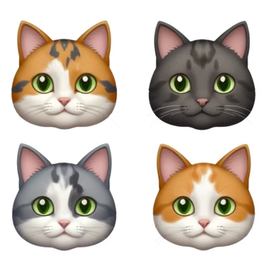 3 different coloured small cats including a dark grey and white, and a patchy calico with hazel eyes and a completely solid dark grey with green eyes and only white paws sticker